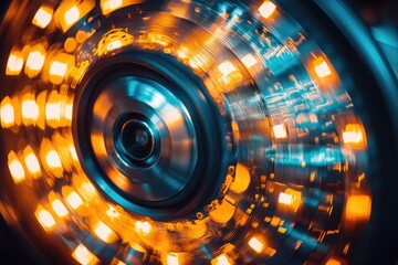 Poster - Close-up of a circular metallic object with vibrant orange and blue lights, showcasing motion and energy in a dynamic setting.