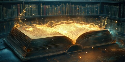 Open book glowing with magical light.