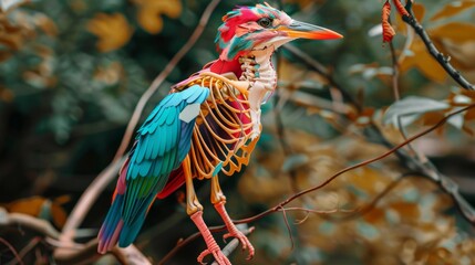 A brightly colored bird sits perched on a branch, its vibrant plumage and unusual skeletal elements blending nature with an artistic twist.