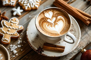 A cup of coffee with latte art in the shape of a heart on a wooden table