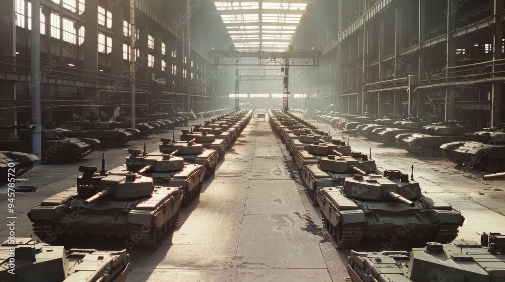 Lockheed Martin Store Tank Sunlight streams through an expansive warehouse filled with sleek ...