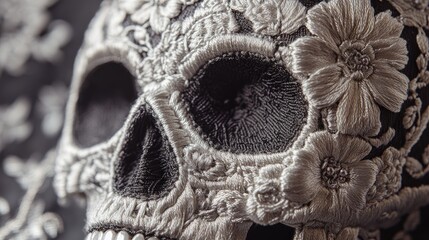 Wall Mural - Close-up of a Skull Embroidered with Silver Flowers