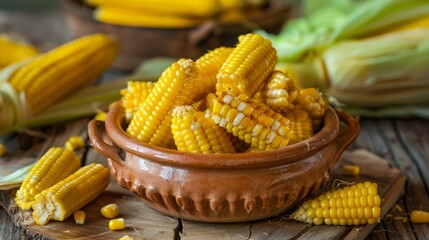 Wall Mural - A rustic bowl brimming with golden corn on the cob, surrounded by additional ears of corn, creating a cozy and farm-fresh atmosphere.