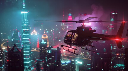 Poster - A helicopter hovers above a futuristic cityscape at night, radiating vibrant neon lights and a sense of adventure.