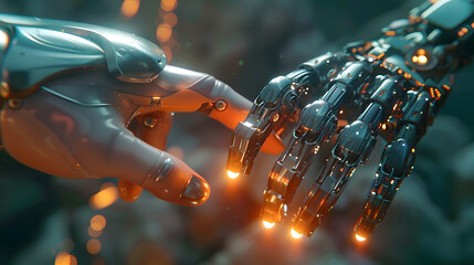 The human finger delicately touches the finger of a robot's metallic finger. Concept of harmonious coexistence of humans 