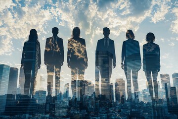 People standing in city skyline double exposure created with Generative AI