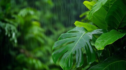 Wall Mural - lush tropical rainforest leaves bathed in refreshing rain - nature photography, green foliage, tropi