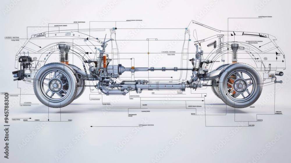 An intricate technical diagram of a car, displaying the detailed design ...