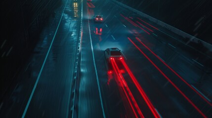 Canvas Print - Several cars drive through a rainy, wet night on a highway, leaving trailing red streaks of light, illumining the scene with a sense of movement and urgency.