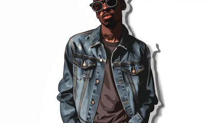 An image featuring a stylized drawing of a person wearing a denim jacket over a dark shirt, striking a confident pose with hands in pockets, representing modern youth culture.