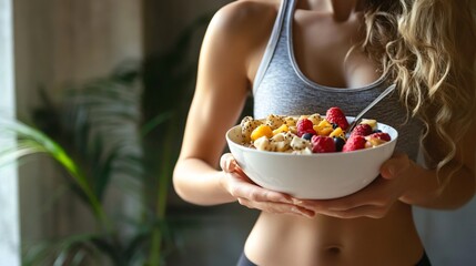 Young Woman in Fitness Clothes Eating Healthy Breakfast