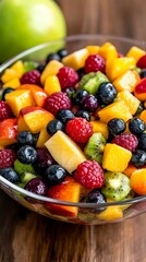 Wall Mural - fresh fruit salad in glass bowl with peach, kiwi, raspberries and blueberries on wooden table