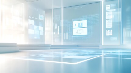 Poster - Futuristic White Room with Digital Displays and Glass Walls