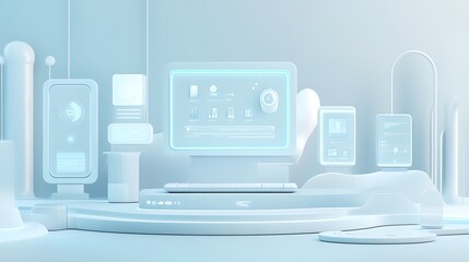 Poster - White futuristic room with glowing screens and a keyboard