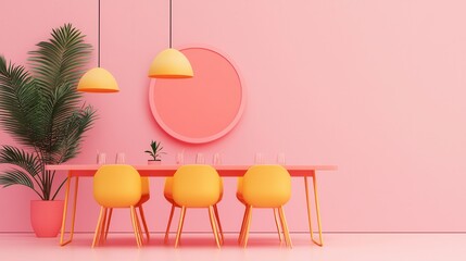 Canvas Print - Minimalist Pink and Yellow Dining Room with Palm Plant and Hanging Lamps.