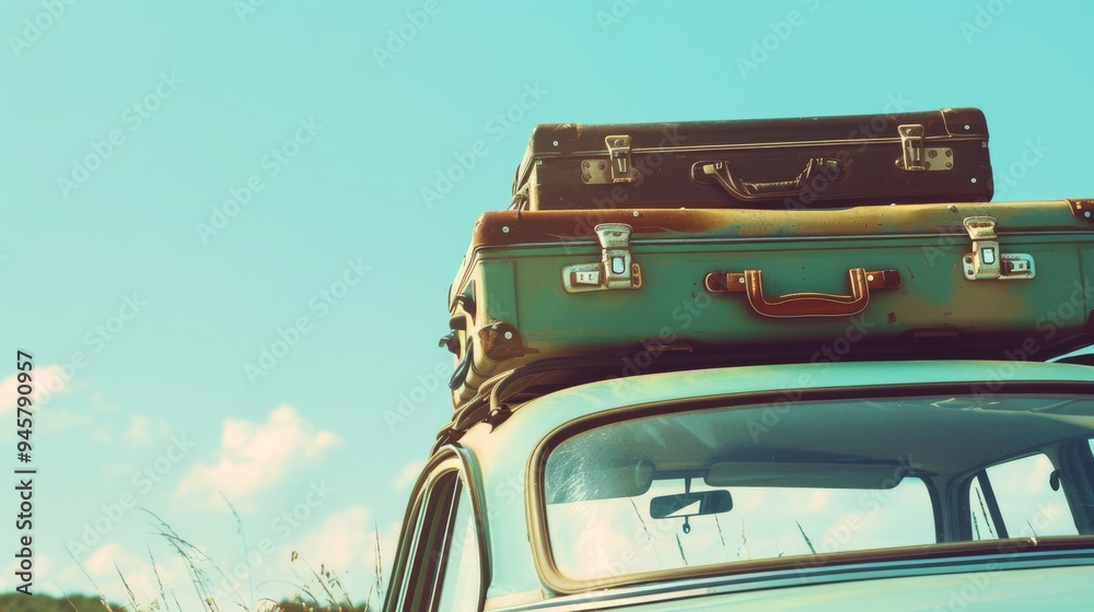 Vintage car with stack of luggage on the roof, under a clear blue sky ...