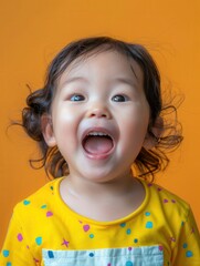 Poster - A cheerful child with curly hair expresses pure joy with a wide smile, set against a bright orange backdrop. Generative AI