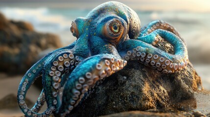 Octopus with vibrant blue skin and large, expressive eyes, clinging to a rock on the beach,