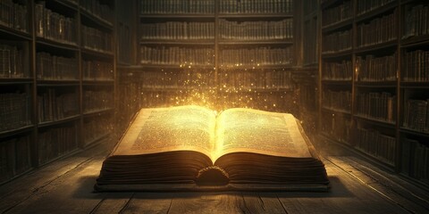 Ancient book glowing with magic in library.