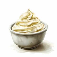 A close-up of a white bowl filled with whipped cream against a white background. The cream is fluffy and has a light yellow tint