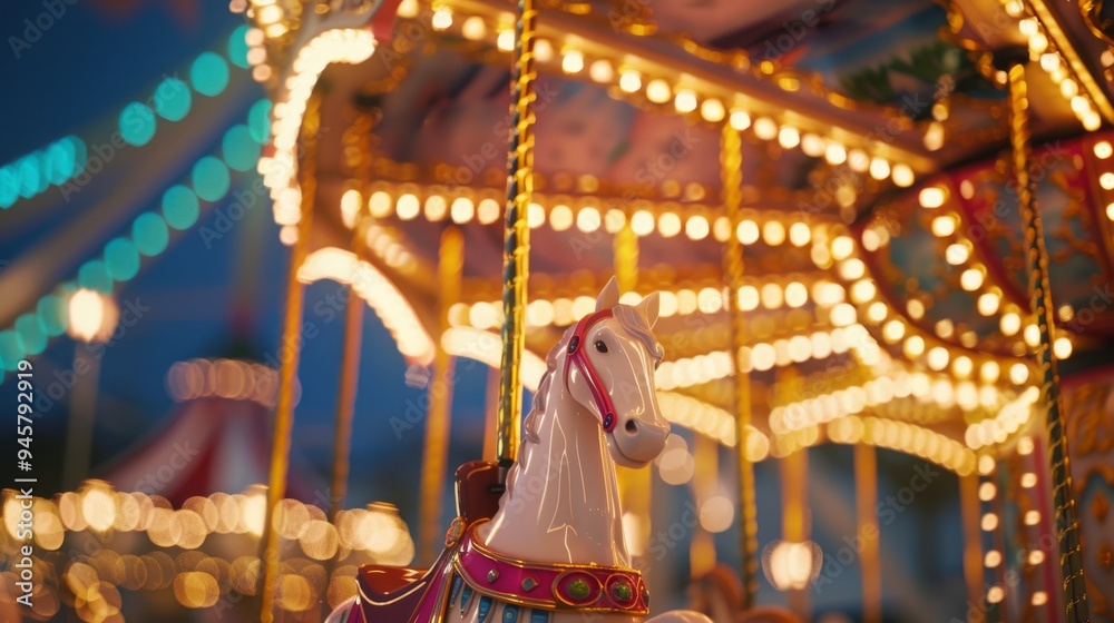 A whimsical carousel horse adorned with vibrant colors, illuminated by a myriad of twinkling lights, capturing the magical essence of a carnival night.