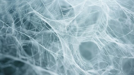 A delicate and intricate spiderweb, woven with silken threads, creates a mesmerizing pattern against a soft blue background. The web symbolizes nature's artistry, fragility, and interconnectedness.