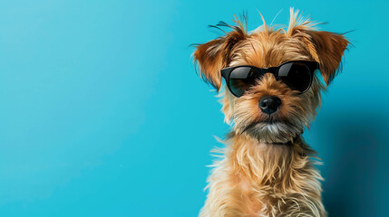 a cute puppy wearing sunglasses looks at the camera against a blue background.