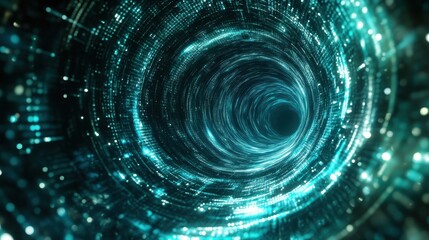 Poster - Abstract Turquoise Digital Vortex Tunnel Background - Futuristic Technology Concept.