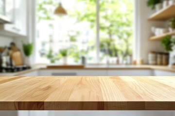 kitchen table background, wood counter top on blur of white clean abstract home interior with bokeh. used for display or montage your wooden for dining background. table banner , ai