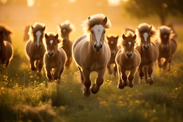 Canvas Print - Herd of ponies outdoors running animal.