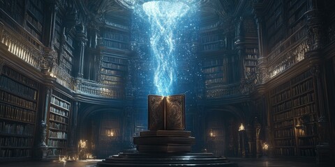 Wall Mural - Mystical library with glowing book and magic.