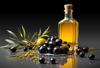 Wall Mural - A sleek glass bottle of olive oil surrounded by black and green olives