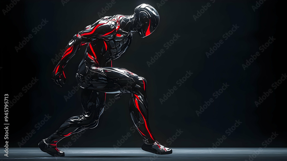 Black and Red Cyborg Running Forward in Dark Studio, Futuristic ...