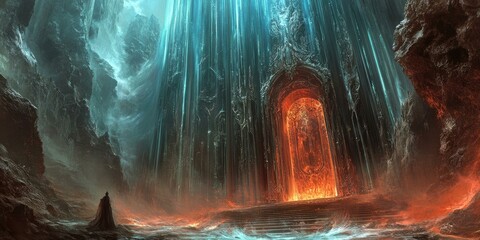 Wall Mural - A hooded figure approaches a fiery gateway in a cavern.