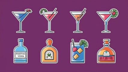 Cocktails party icons set of alcohol drinks martini vodka tequila and brandy isolated vector illustration