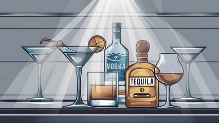 Cocktails party icons set of alcohol drinks martini vodka tequila and brandy isolated vector illustration