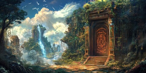 Wall Mural - Ancient stone doorway leading to waterfall.