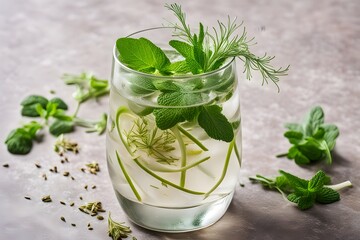 Wall Mural - A glass of fennel and mint infused water with fennel seeds and mint leaves floating on top, AI Generated