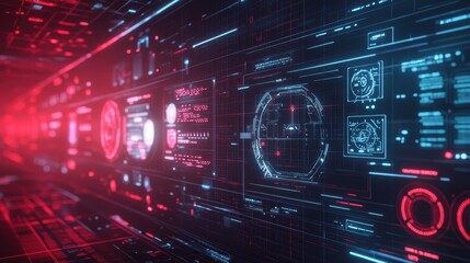 Poster - Futuristic Technology Interface with Red and Blue Neon Lights, HUD Display, Cyberpunk Design.