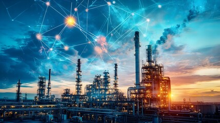 Aufkleber - Futuristic Petrochemical Plant During Dramatic Sunset Sky Reflecting on Surfaces
