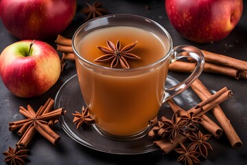 Wall Mural - A mug of hot spiced apple cider with floating cinnamon sticks and cloves garnished with a star anis, AI Generated