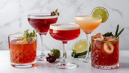 Close up view of various alcohol cocktails in glasses on white backdrop