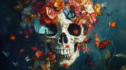 Poster - Human Skull Adorned with Flowers and Butterflies