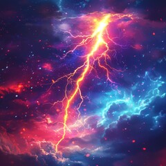 A sharp, colorful lightning bolt striking down, surrounded by electric sparks and vibrant neon hues, set against a stormy sky, digital illustration.