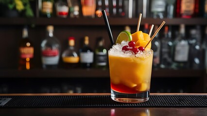 Alcoholic cocktail with mango, cranberries, lime, crushed ice and liquor, dark wooden bar counter background, selective focus