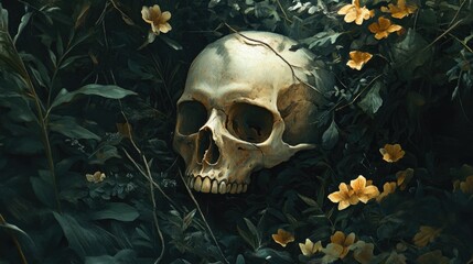 Poster - A Human Skull Amidst Lush Foliage and Golden Flowers