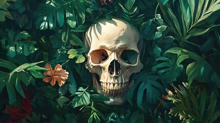 Poster - A Human Skull Partially Hidden Within Lush Tropical Foliage