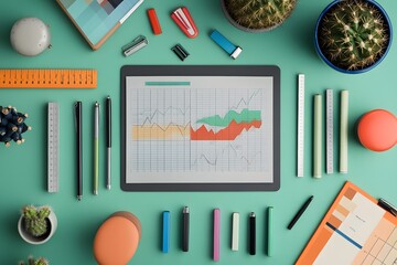 financial report in green background with office stationery and cactus