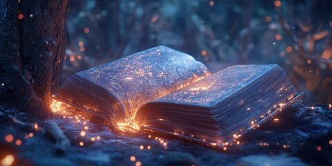 Wall Mural - Glowing book open in a dark forest.