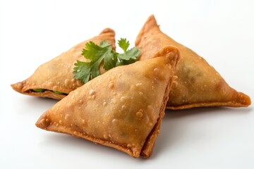 Three crispy samosas garnished with fresh cilantro on a white background.